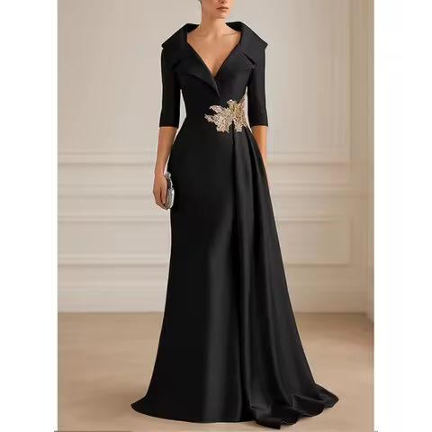 Black Formal Evening Dress Shirt Collar A Line Floor Length Half Sleeves Evening Gown Pleated Soft Satin Prom Dresses Customized