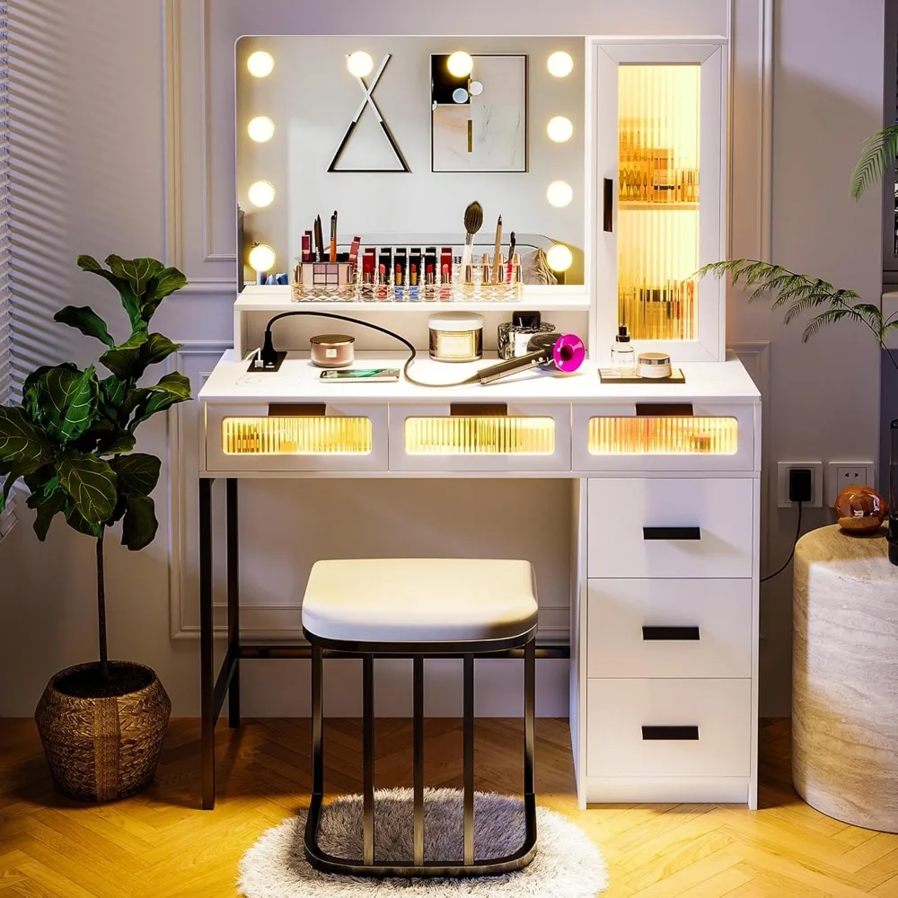 Makeup Vanity with Lights, Vanity Makeup Desk with Charging Station, LED Vanities Table Set with Mirror, Vanitys Dressing Table