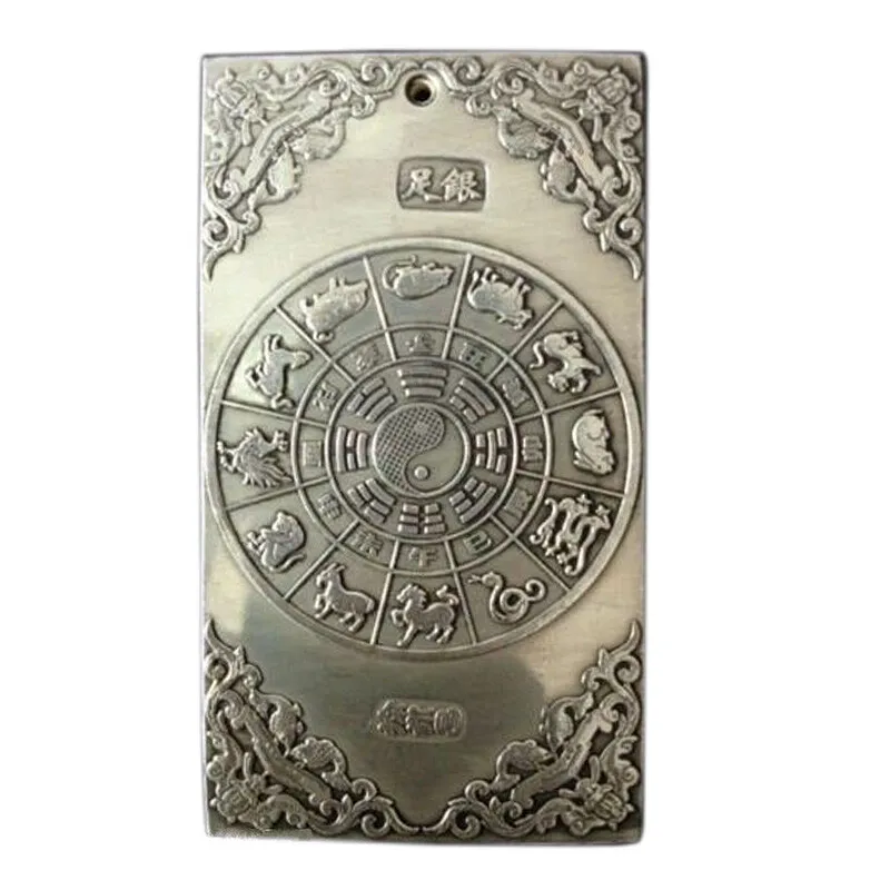 Old Chinese Tibet Dragon Phoenix lucky Bullion Thanka Amulet Pendant Silver Gift