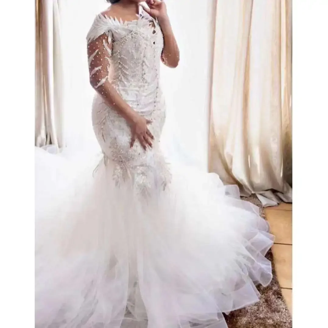 Customized Shinny Off The Shoulder Shinny Pearls Beads Wedding Dress Detachable Skirt Vestidos De Novia Mermaid Bridal Gown