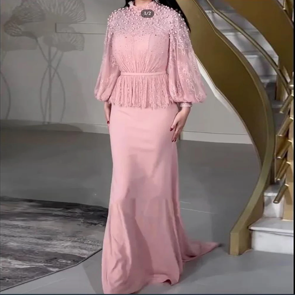 

Розовое кружевное платье на заказ, элегантное вечернее платье русалки с круглым вырезом и рукавами-фонариками, длинное свадебное платье с баской для гостей