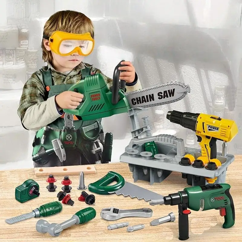 1 Juego de tornillos de taladro eléctrico para niños pequeños, Kit de taladro eléctrico de simulación de juguete para niños con sonidos reales y herramientas de construcción de acción