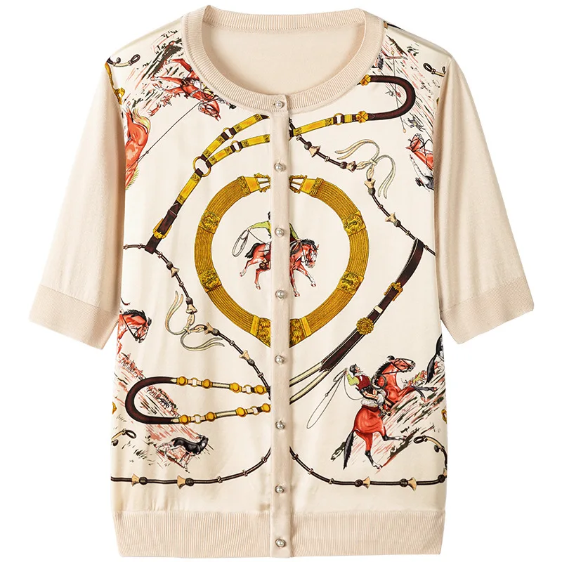 Birdsky, 1PC Women cardigan sweater button outwear top half sleeve 90.2% mulberry silk print, S-899