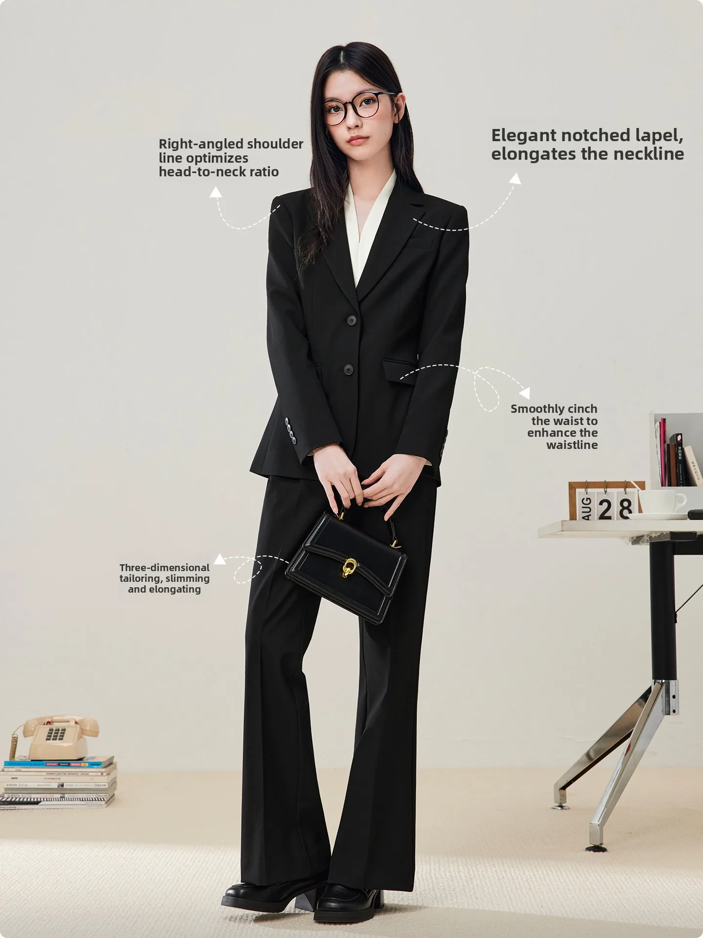 Damski garnitur dwuczęściowy, dwuguzikowy, profesjonalny strój do pracy, na rozmowę kwalifikacyjną, biznesowy, casualowy, do biura, modny, odporny na zagniecenia, z długim rękawem.