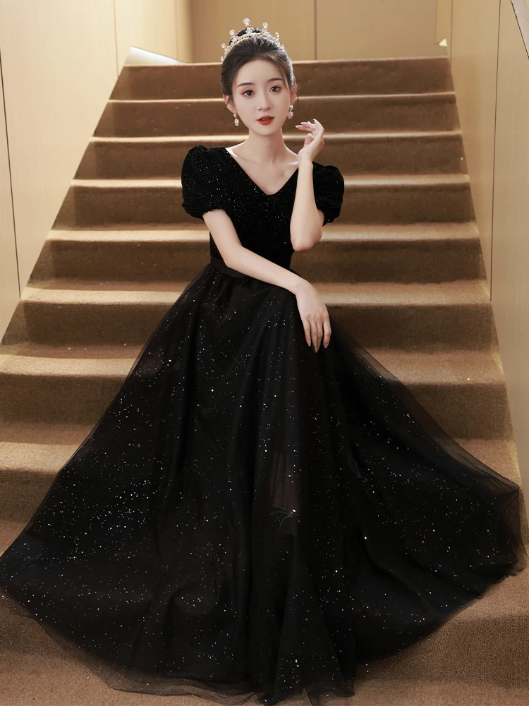 

Sparkling Black Evening Dress Temperament V-neck Short Sleeved Lace Up Bow Graduation Prom Gown Long A-Line Quinceanera Dress