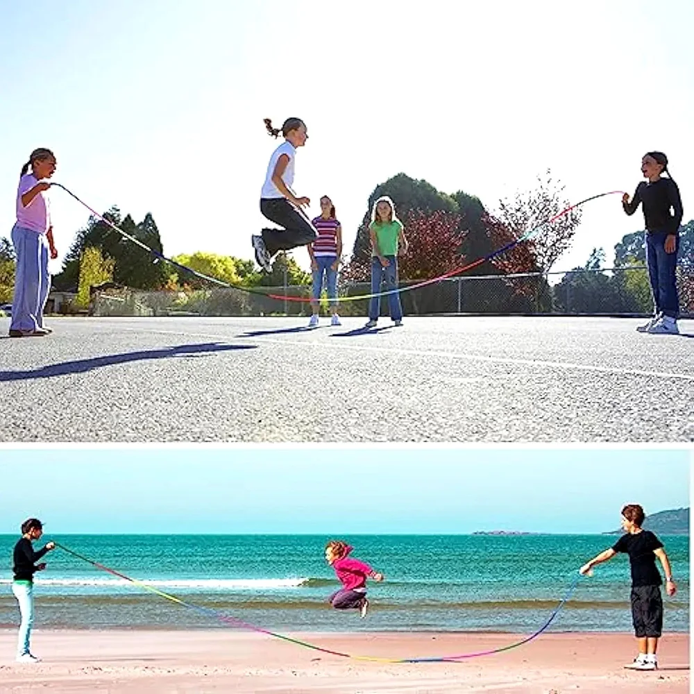 حبل قفز طويل بألوان قوس قزح للأطفال (5 أمتار) - حبل سرعة متين لممارسة التمارين الجماعية وألعاب الاستراحة وفصول التعليم البدني