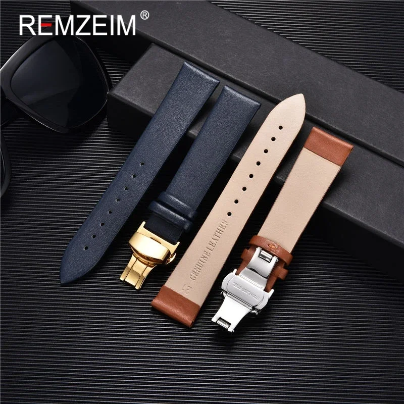 Smooth Genuine Calfskin Leather Watchband 18mm 20mm 22mm Straps with Solid Automatic Butterfly Buckle Business Watch Band + Tool