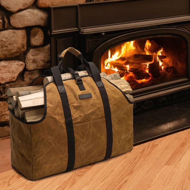 Large Camping Firwood Wood Bag Durable Canvas Log Carrier Tote Storage Bag with Reinforced Handles for Fireplace BBQ Farmhouse