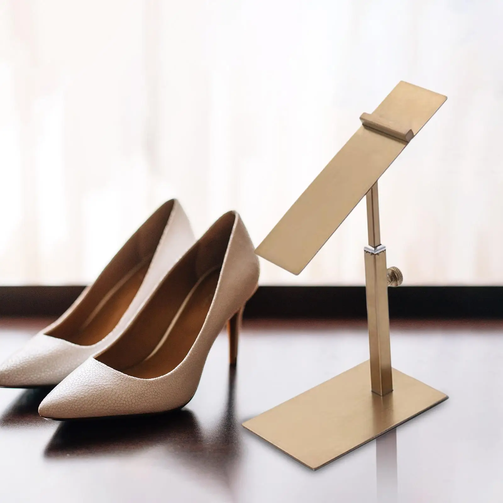 rustproof-stainless-steel-shoe-riser-stand-adjustable-15-28cm-rose-gold-color-display-rack-for-shopping-mall-window-showcase
