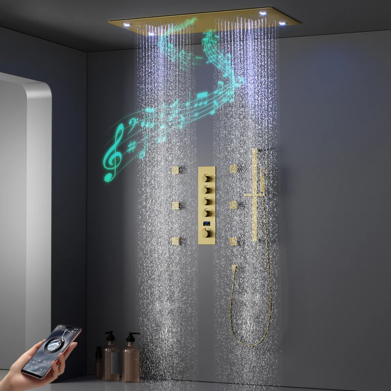 Ceiling Embedded 24.5x12.5Inch LED Rain&Mist Shower Head with Music Speaker Cold and Hot Digital Display Shower Faucet Set