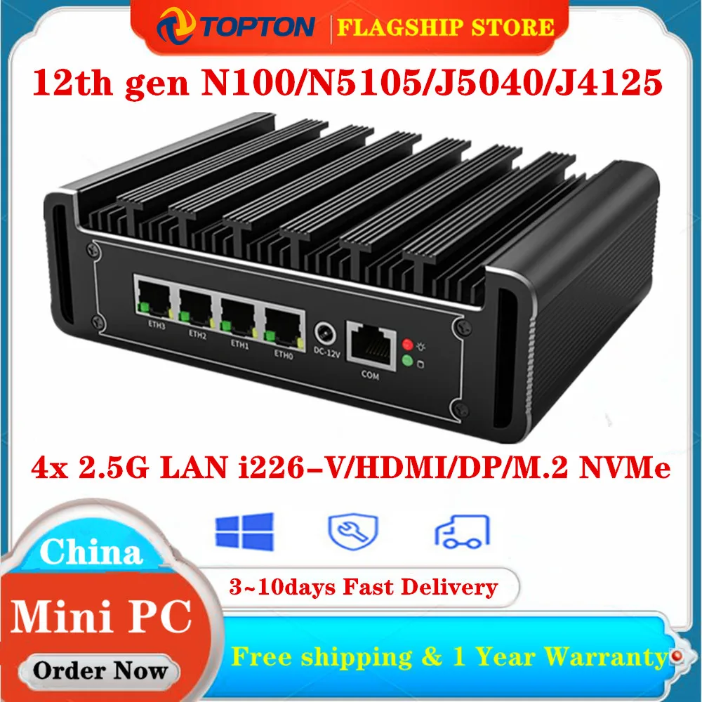 솔리드 인텔 방화벽 어플라이언스 팬리스 미니 PC, 4x2.5G LAN i226-V, 미니 컴퓨터 pfSense Proxmox 호스트, N100, N5105, N6000, J4125, NVMe