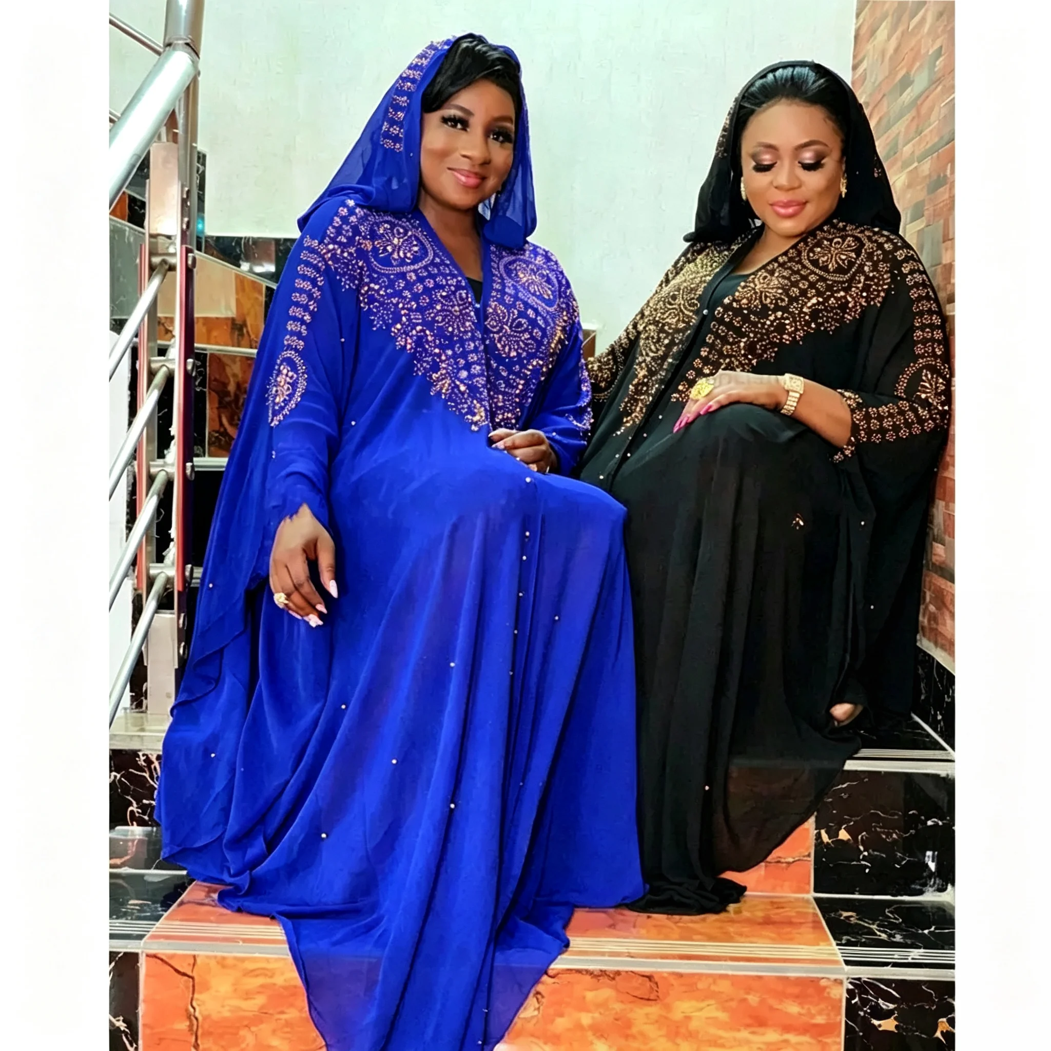 African-style Women's Hooded Caftan Luxurious Golden Rhinestone Chiffon Cover-up Long Dress Wedding Party Evening Dress