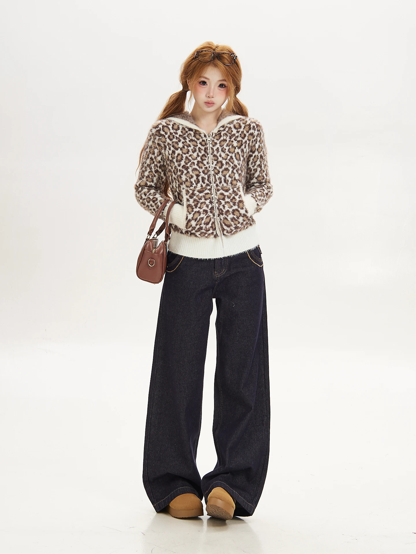 American Style Ant Leopard Print Hooded Knitted Short Coat Zipper Women's Autumn Soft Warm Cardigan Sweater Fashionable Casua...