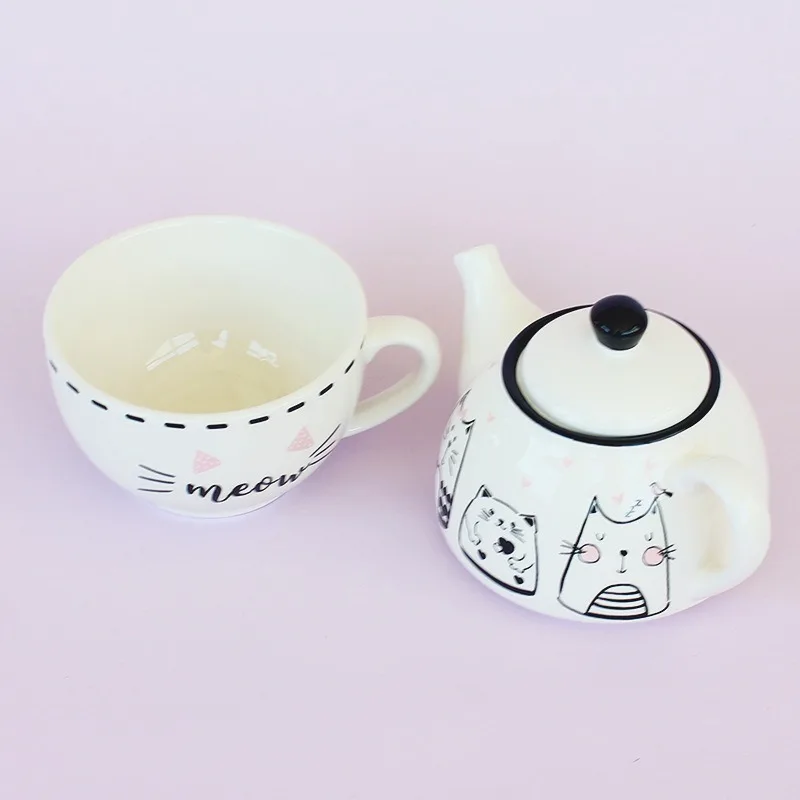 French-style Cute Cat Tea Set Ceramic 1 Cup 1 Pot Stacked Letter Pots Household Drinking Vessels Bar Counter Decoration Teapot