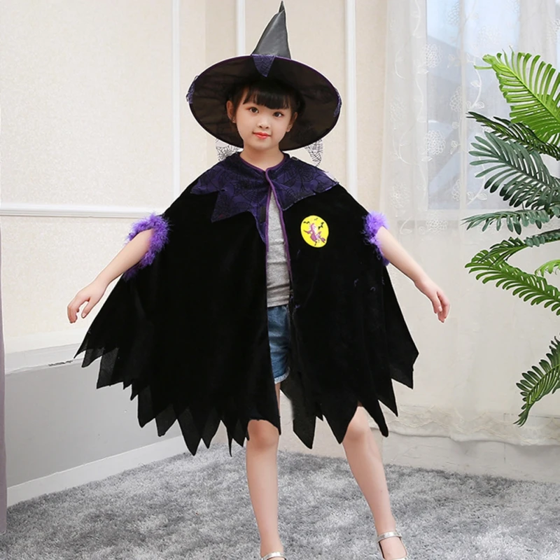 2Pcs Kids Halloween Clothes Unisex Witch Cosplay Cloak+Witch Hat Costume Carnival Party Prom Performs Dressing Up Dress Cape
