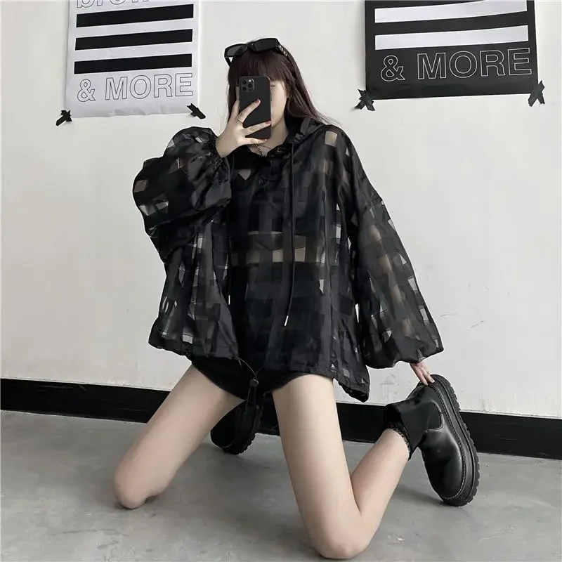Hollow Out Thin Loose Street Casual Blouse Summer New Long Sleeve Solid Plaid Trend Shirt Tops Fashion High Street Women Clothes