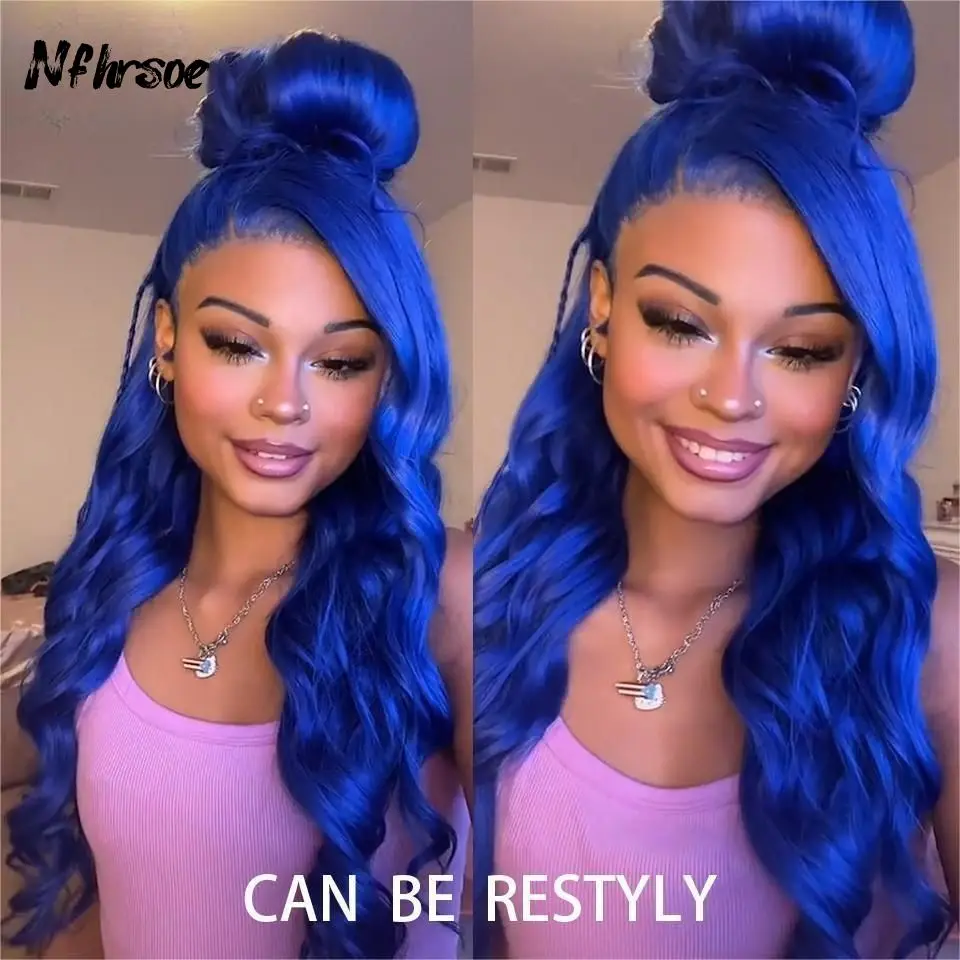 Highlight 13X4 Transparant Lace Frontale Pruik Blauw Gekleurd Recht Kant Front Pruik Lijmloze Pruik Menselijk Haar Voor Vrouwen Pre Geplukt