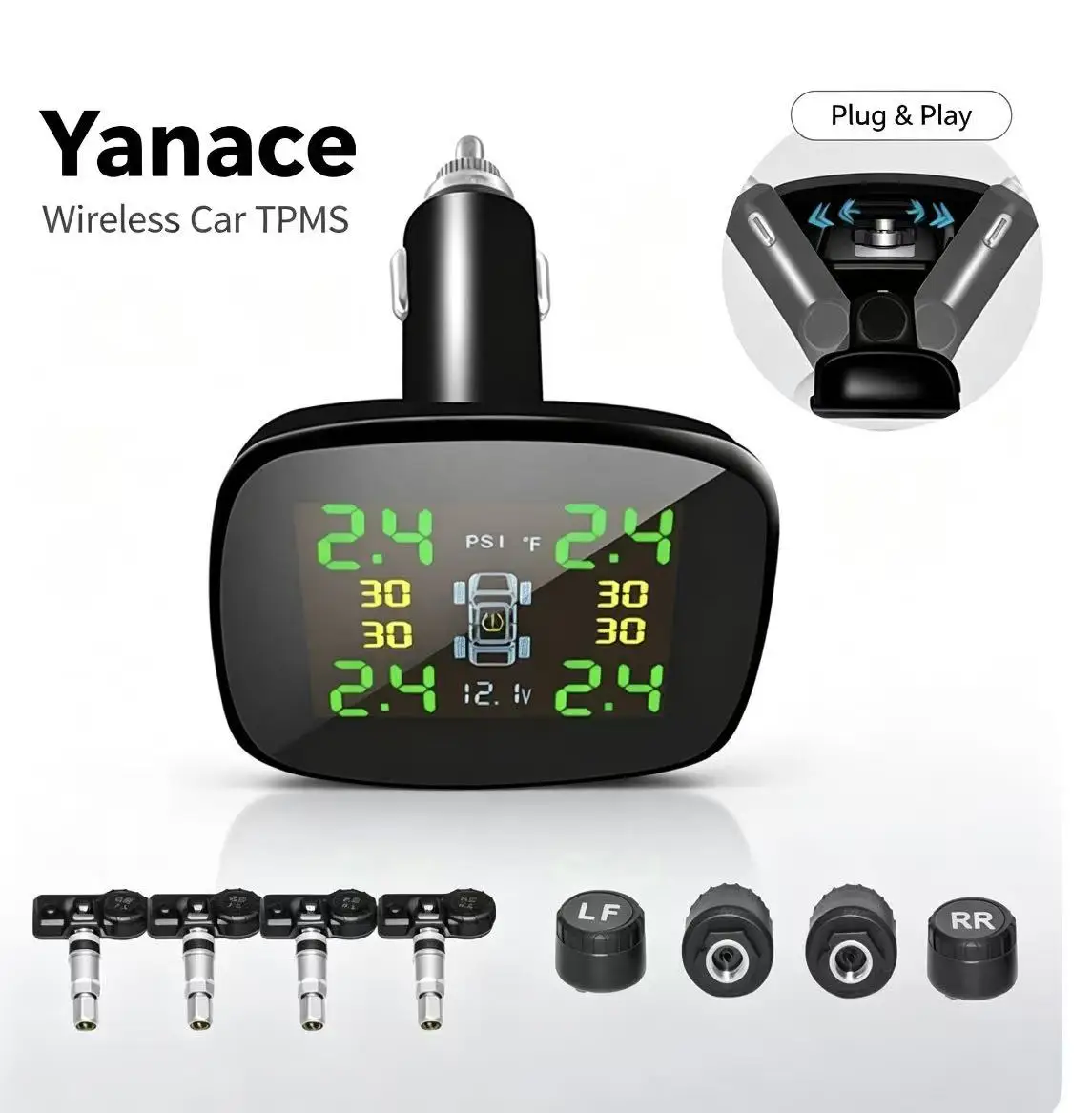Yanace Wireless Car Tire Pressure Monitoring System Cigarette Lighter 4 External Sensors Real‑Time Pressure & Temperature Alert