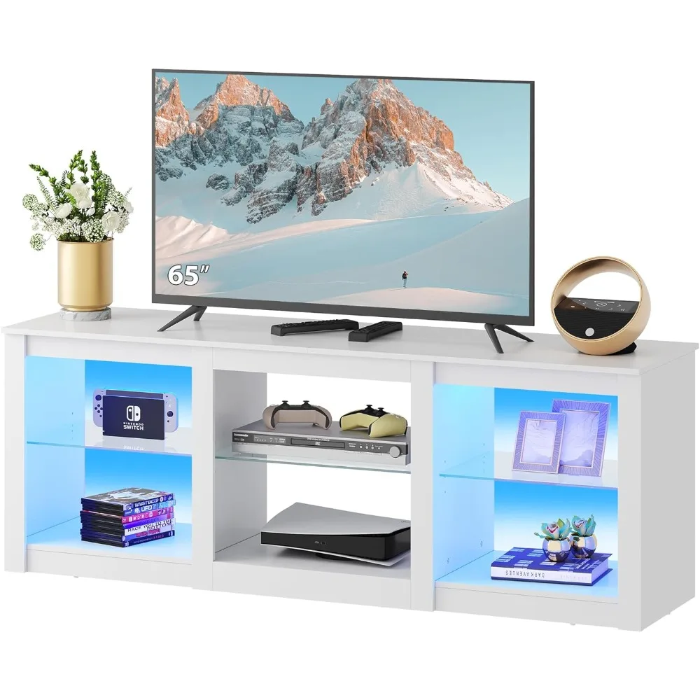 LED TV Stand for 65-Inch TV, 58-Inch Entertainment Center with Adjustable Glass Shelves, Modern Media Console