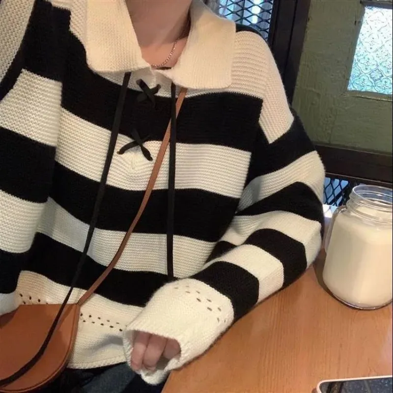 Women Autumn Korean Striped Fashion Appear thin Turn-down Collar Long sleeve Knitwear Ladies trend All-match sweet knitting tops