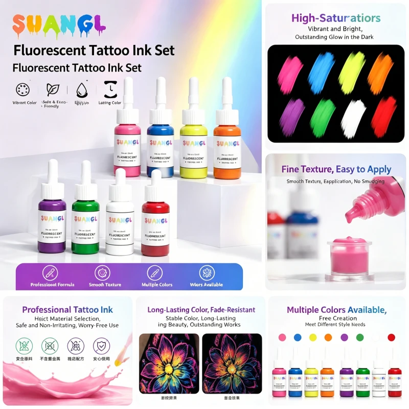 

SUANGL 8 Color Fluorescent Tattoo Ink Set Blacklight Glow 0.17oz Bottle Vibrant Colors for Tattooists Artists Body Art Supplies