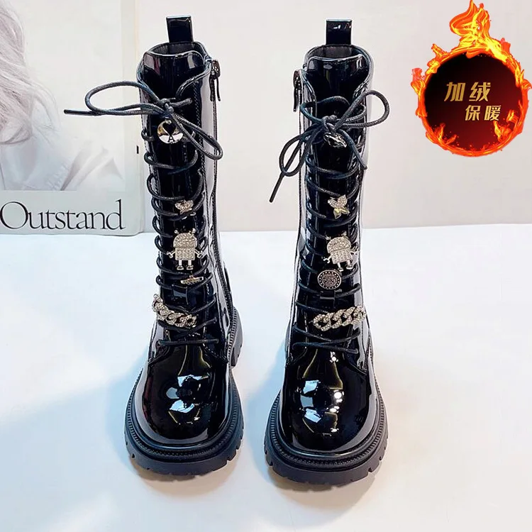 2025 Autumn Winter New Fashion Girls Bright Leather High Boots Flower Lace-up Rhinestone Decoration Children Long Knight Boots