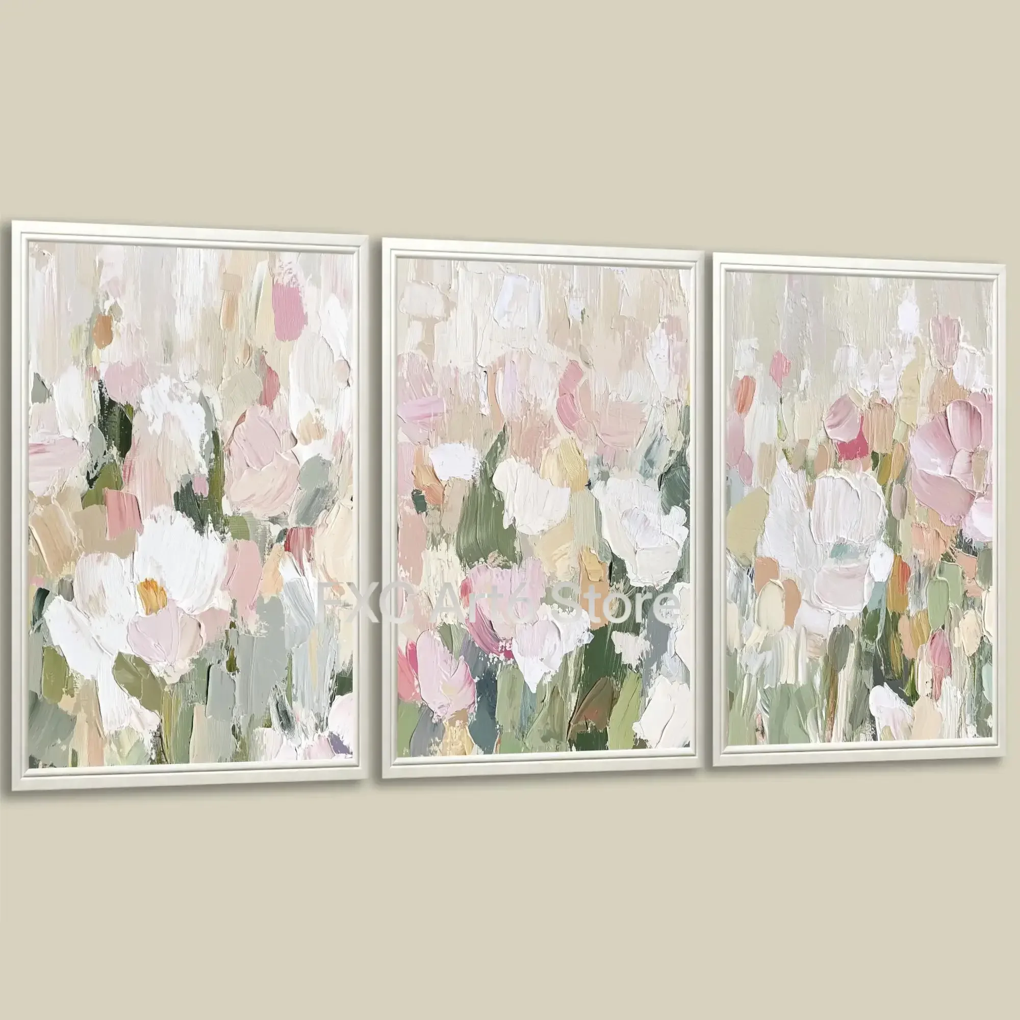 3PC frameless Impasto Textured Abstract Floral Wall Art Set, Soft Pink White Neutral Palette Knife Canvas Prints, Minimalist Boh