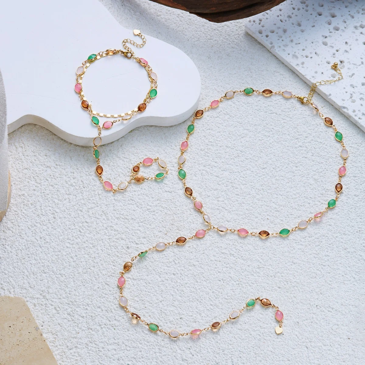 Buntes ovales Harz-Splice-Y-Drop-Halsketten- und Fingerarmband-Set für Frauen, eleganter Vintage-Geometrischer Langer Quasten-Choker-Schmuck – Detail 29