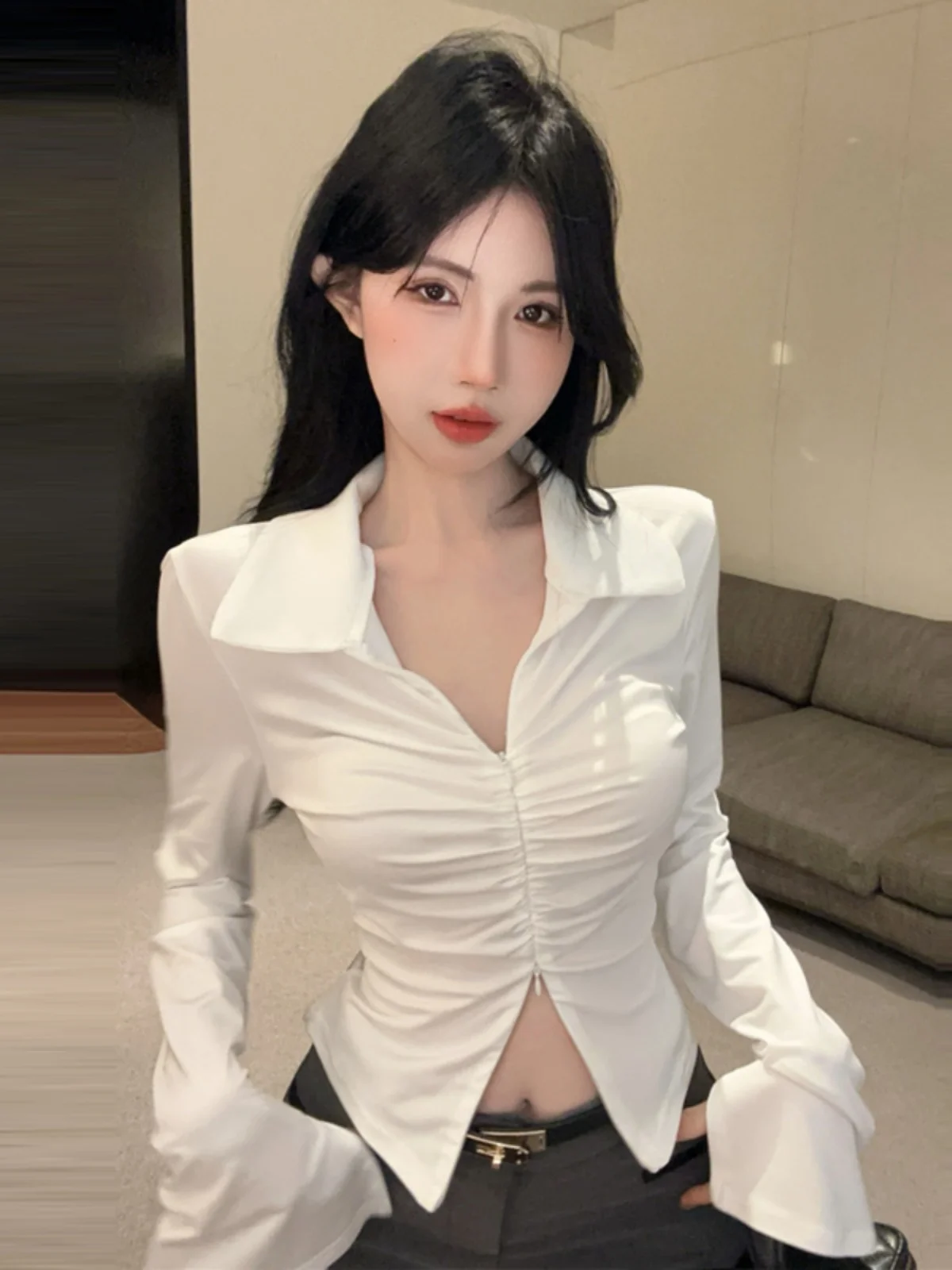 

Сексуальные плиссированные длинные свечьи длинные расклешенные манжеты с двусторонней молнией, облегающие износостойкие колокольчики из смеси полиэстера