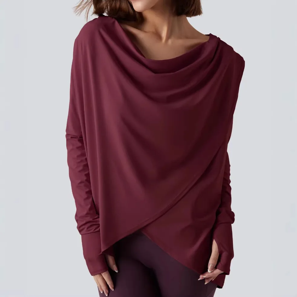 

Женская туниска для йоги с капюшоном, новинка 2026 года, асимметричный подол, свободный крой, длинный рукав, однотонная, повседневная, утягивающая, для тренировок, весна-лето