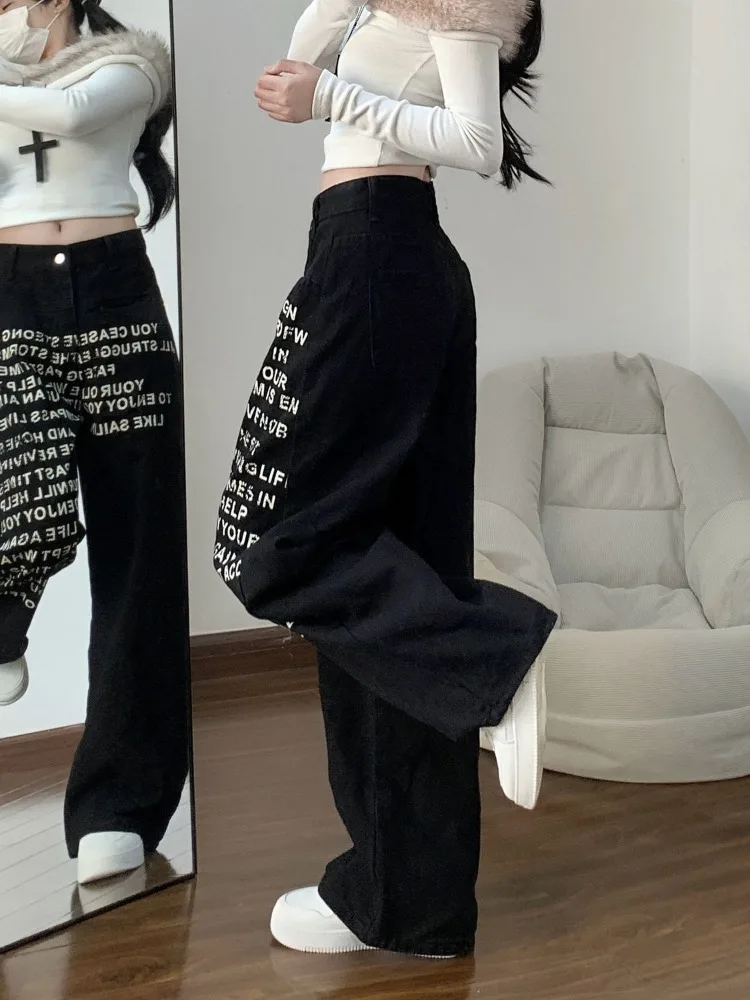 Women's Letter Print Black Straight Sweatpants Cool Girl Trousers Summer Casual Pant Female High Waisted Wide Leg Jeans