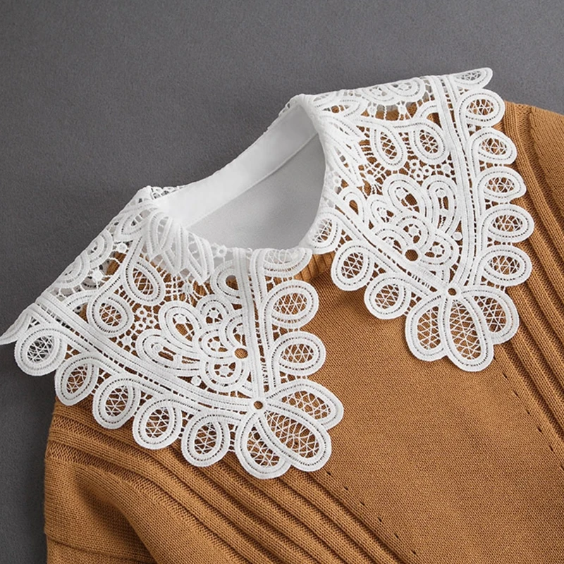 Women 2Pcs Hollow Lace Large Lapel False Collar with Fake Sleeves Wristband Set Dropsale