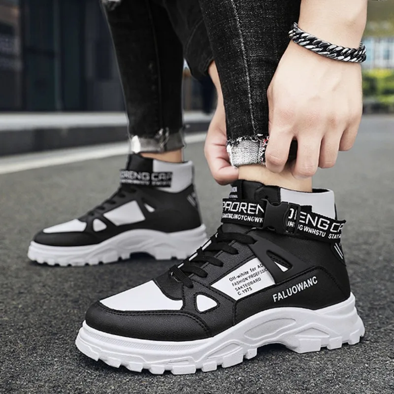 Fashion Trend Men High Top Leather Boots Spring British Platform Ankle Boots Outdoor Breathable Casual Tooling Shoe Botas Hombre