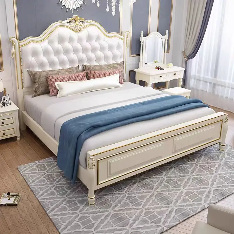 @#European Design Luxury King Bedroom Furniture Sets Royal King Size Bed for Villa Hotel Solid Wooden Bed With Soft Bag - view 4
