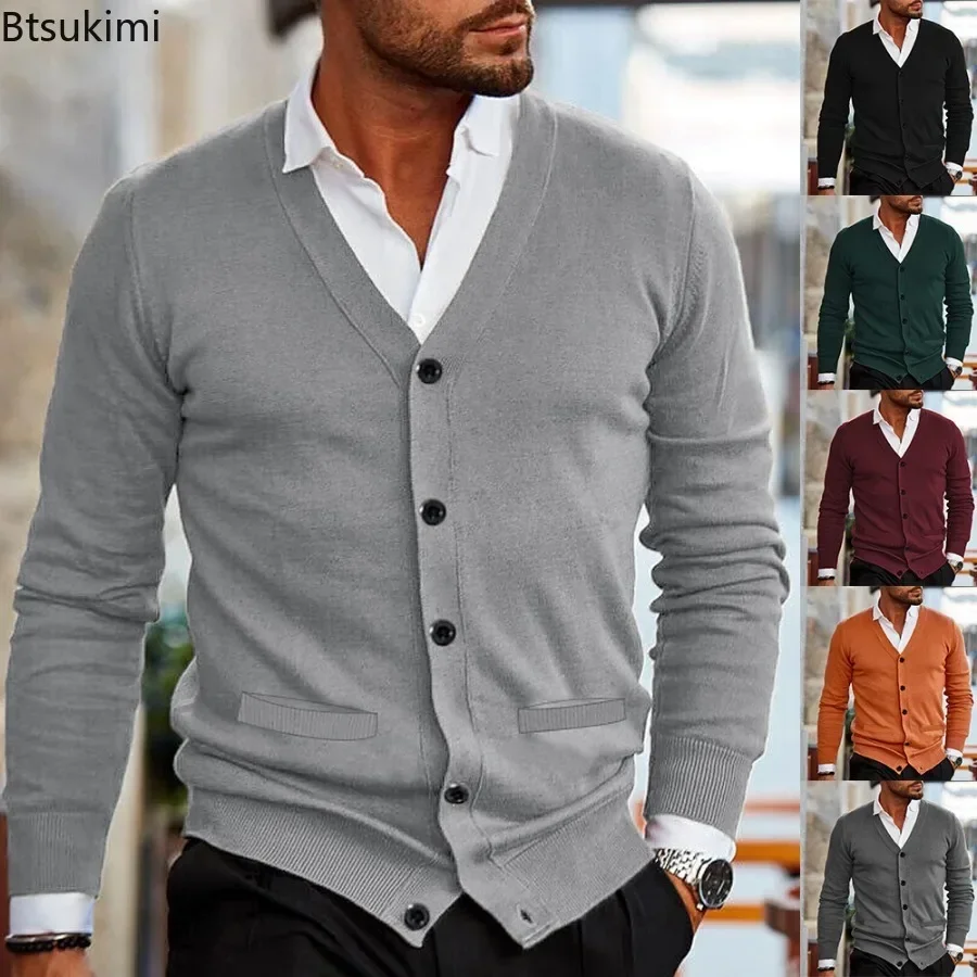 2024 Men's Solid Knit Sweaters Autumn Winter Long Sleeve V Neck Button Up Cardigan Jacket Man Business Casual Slim Sweater Coats