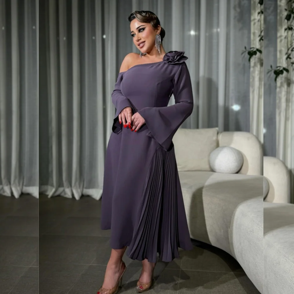 

Customized Unisex Pastrol Jersey Handmade Flower Pleat Draped A-line Off-the-shoulder Midi Dresses Bespoke Occasion Dresses