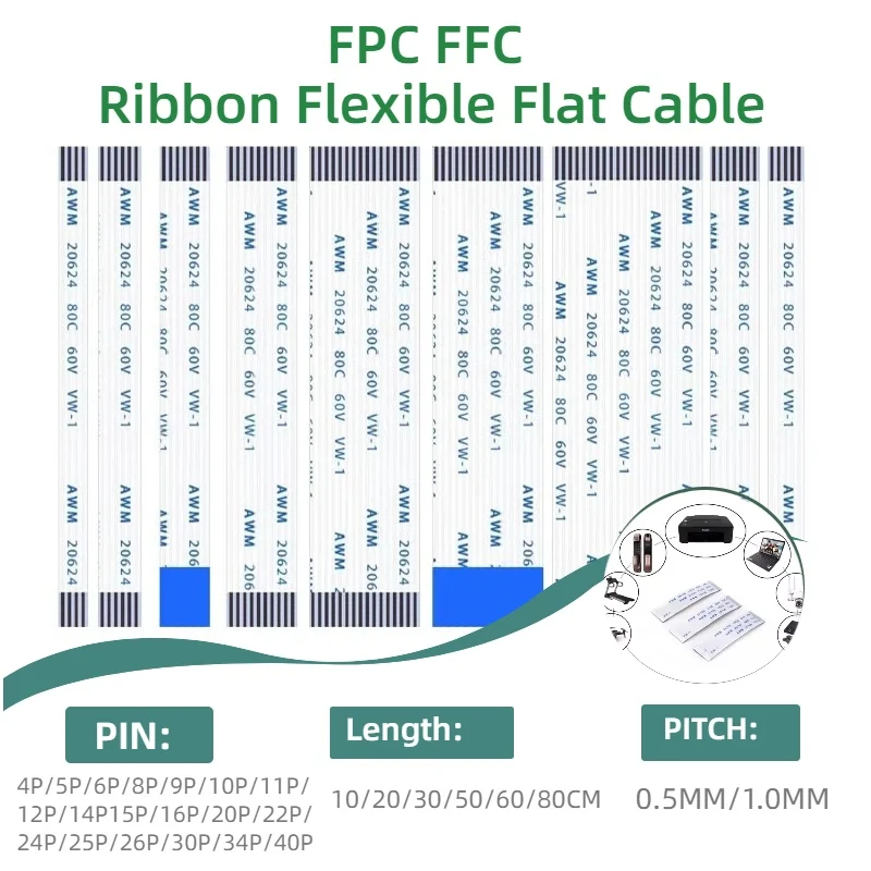 100PCS,FFC FPC Ribbon Flexible Flat Cable 4/6/8/10/12/14/16/18/20/24/30/34/40P Pin Pitch 0.5MM 1.0MM A-Type Wire Length