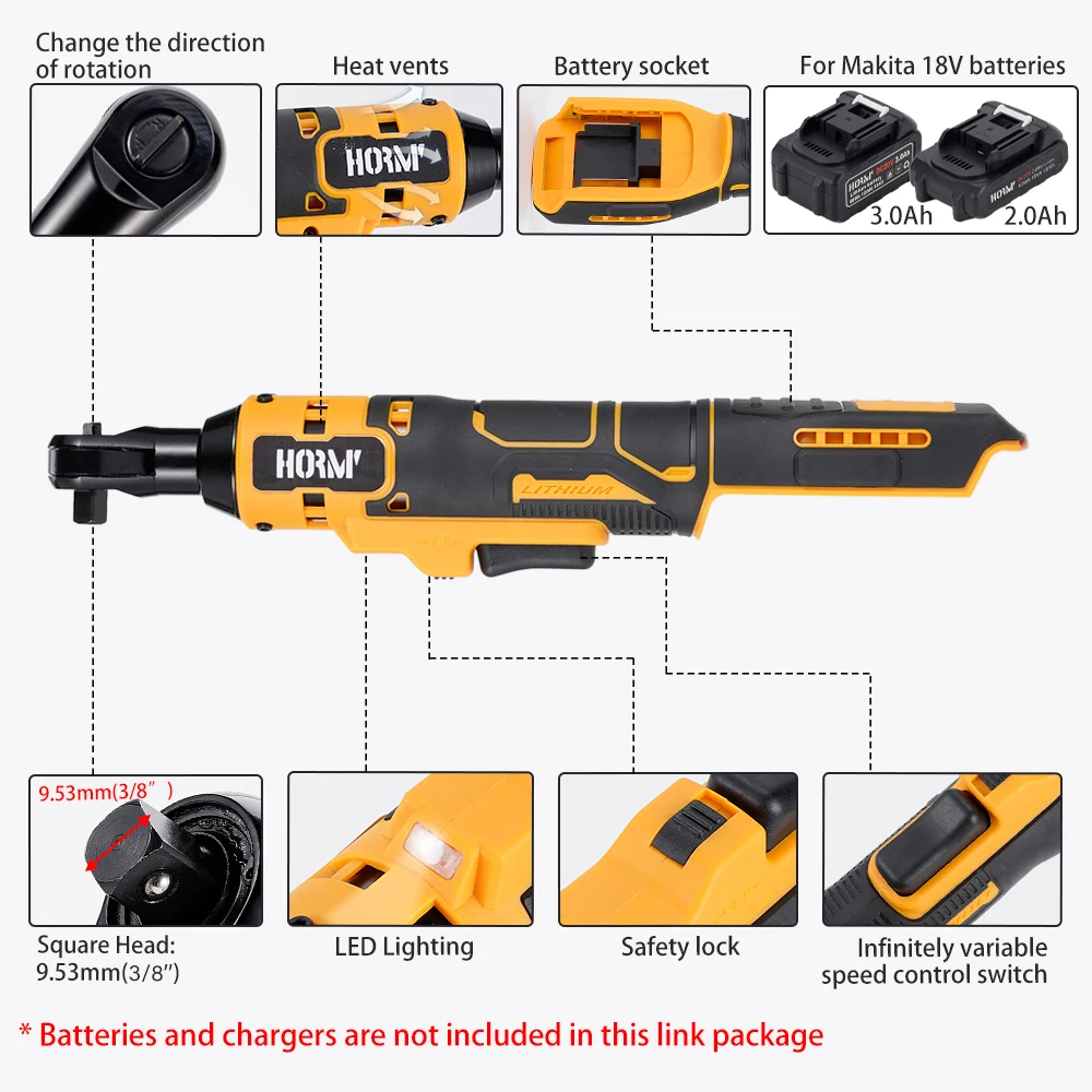 180N.m Cordless Electric Wrench Screwdriver 3/8 Inch Right Angle Ratchet Impact Wrench Without Battery For Makita 18V Battery