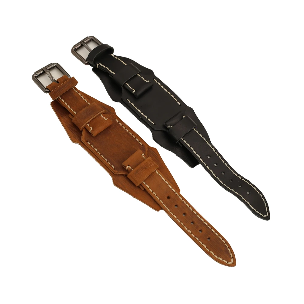 24mm Genuine Leather Watchband Black Red Blue Brown Green Punk Wide Watch Strap Vintage Men Bracelet