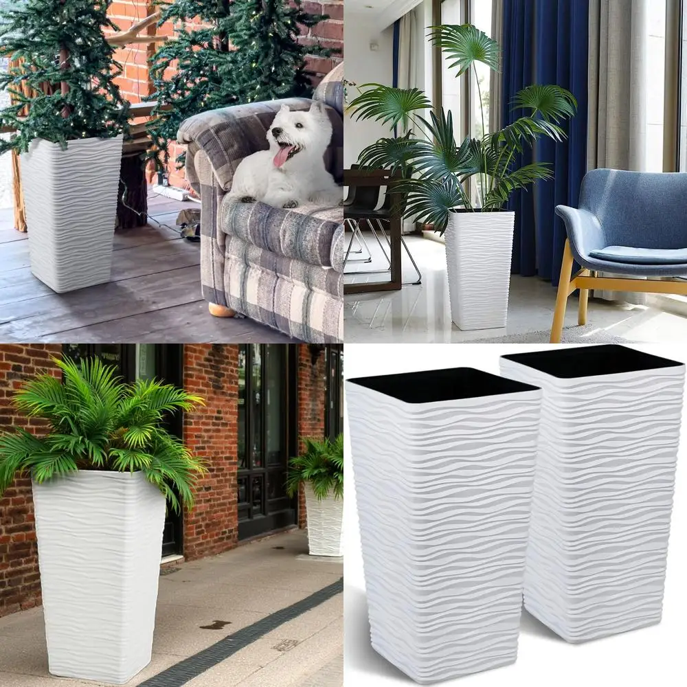 

Современные белые пластиковые высокие горшки из 2 шт. - квадратные матовые волнистые цветочные горшки для внутреннего и наружного использования для террасы на крыльце