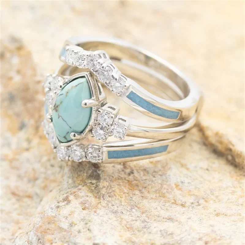 3 Pieces/Set Women's Plated Multilayer Hollow Turquoise Rings With Delicate  Engagement Wedding