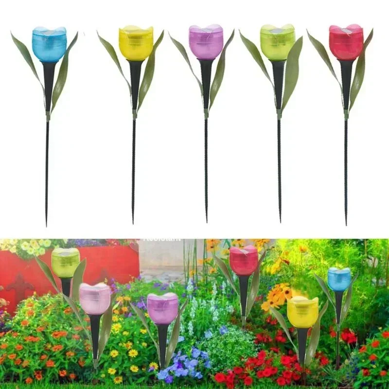 1Pcs Garden Tulip Flower Shape LED Solar Powered Waterproof Tube Lawn Lights Standing Decor For Yard Outdoor Party