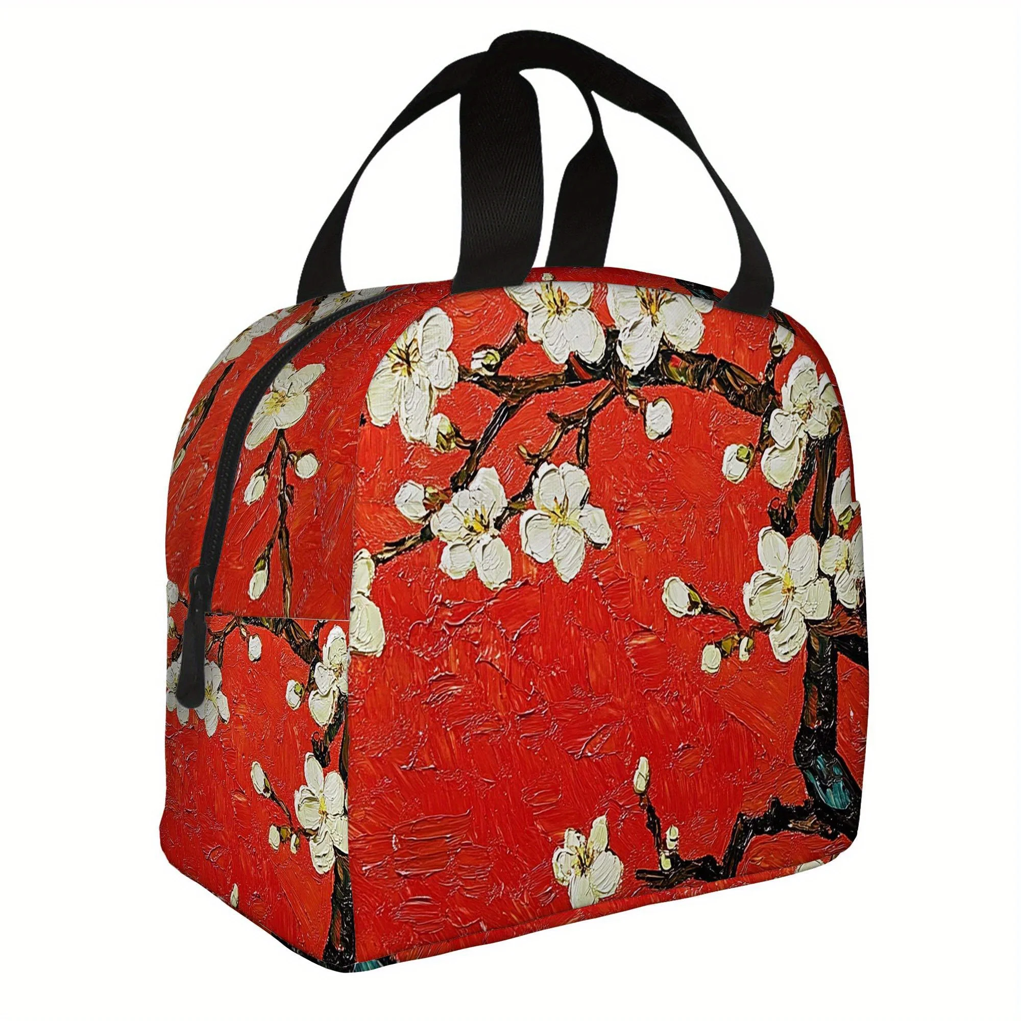White Blossoms Against a Vibrant Red Backdrop Printed Thermal Bag Insulation Bag Insulated Bag No Food Contact