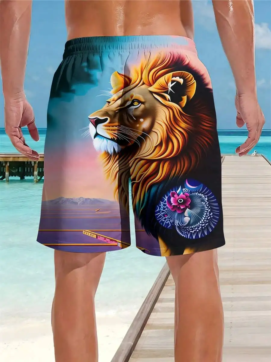

Mens Quick-Dry Swim Trunks With 3D Lion Portrait, Sunset Landscape And Mandala Floral Pattern