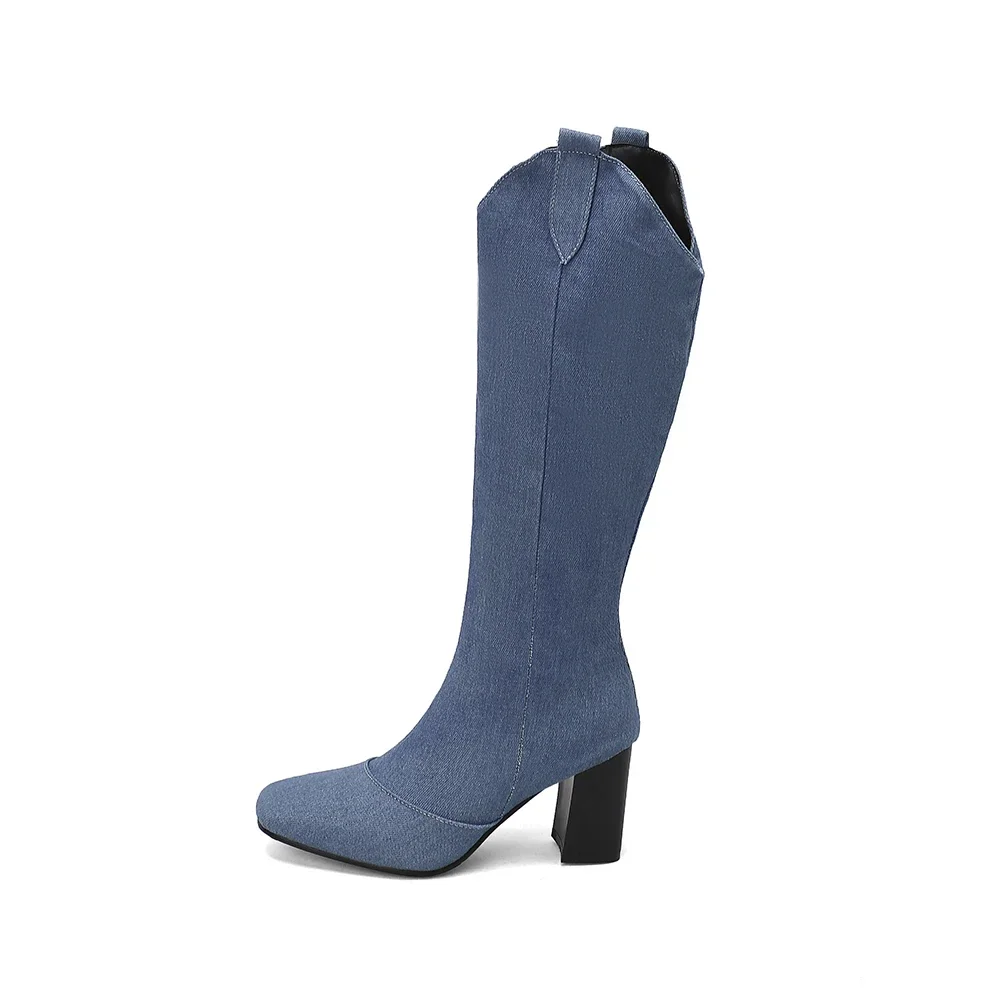 New Winter Black Blue Women Knee High Riding Boots Hot Round Toe High Heels Lady Casual Shoes Plus Big Size 12 43 45 48 view 3