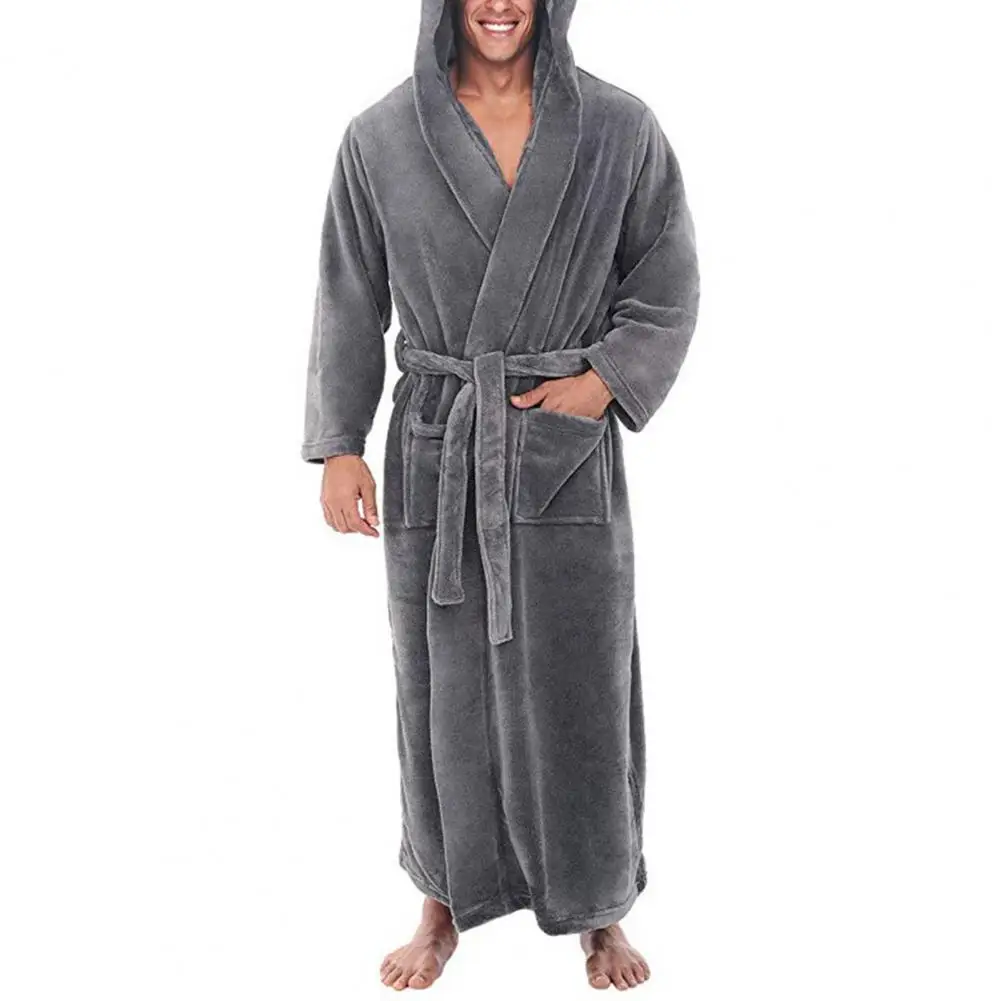 Skin-touching Chic Winter Warm Hooded Long Fleece Home Sleepwear Ankle Length Men Bathrobe Pocket for Daily Life Male Pajamas