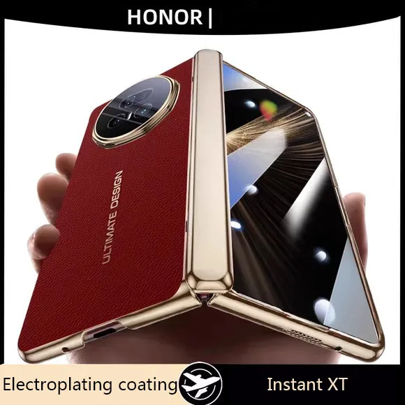 

Гальванический кожаный чехол для телефона Honor Magic V5 V3 5G 180 ° Защитная крышка складного шарнира с покрытием и закаленной пленкой