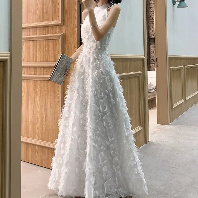 

Elegant White Feather Evening Dress Hanging Neckline Engagement Birthday Adult Ceremony Ultra Fairy High End Long Skirt