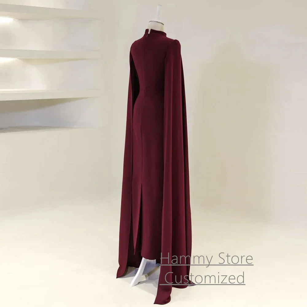 Fashion Burgundy Prom Dress Customized High Neck Long Sleeves Crystal Beading Arabian Party Gown Dancing Evening Dresses