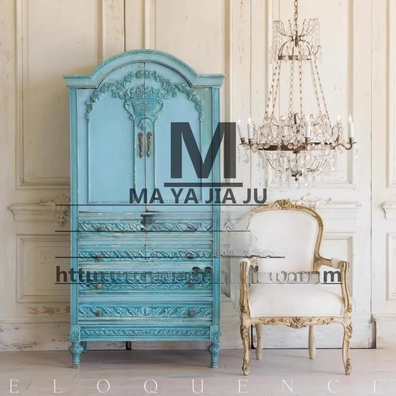 

American country French wardrobe, European wardrobe classical wardrobe, American solid wood carving flower wardrobe blue wardrob